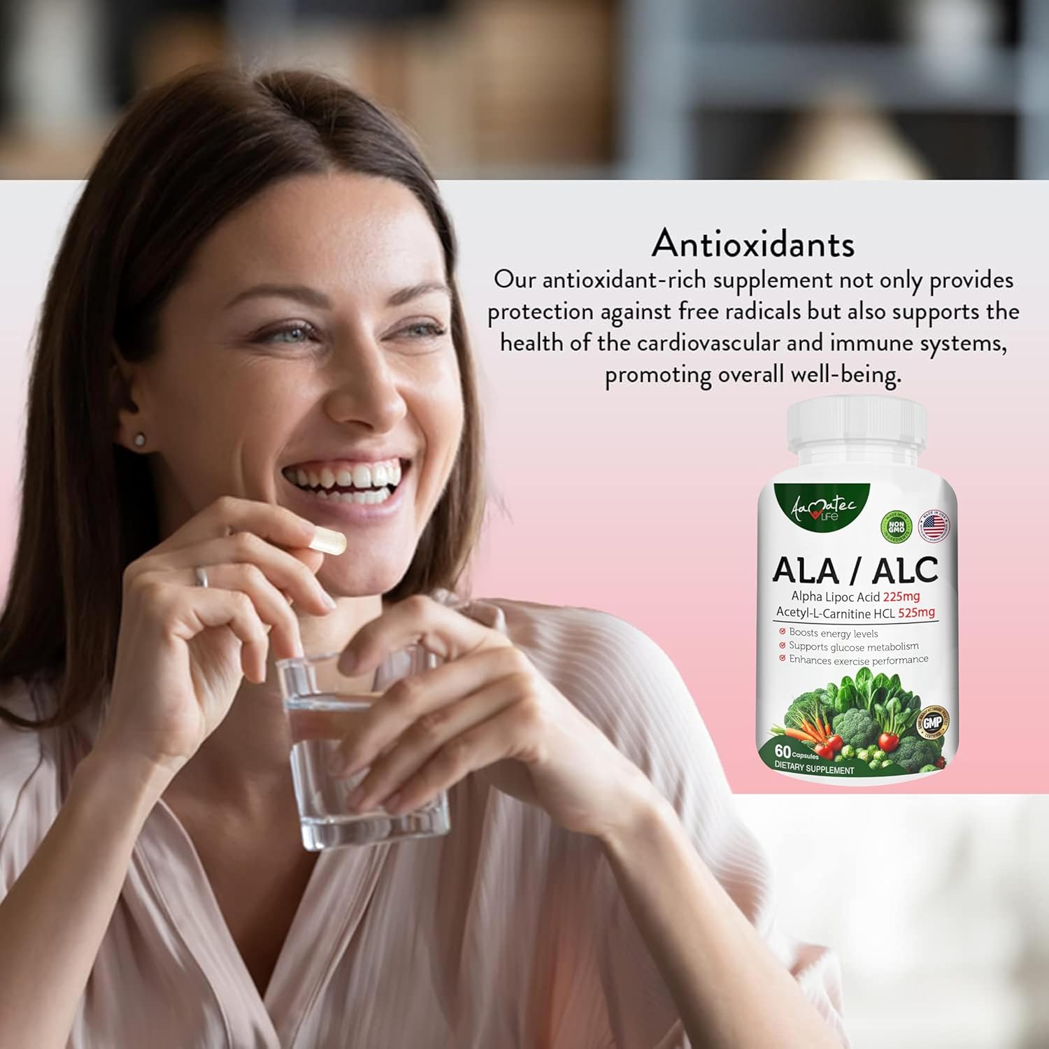 High Potency AAMATEC LIFE ALA/ALC Dietary Supplement - Best Alpha Lipoic Acid and Acetyl-L-Carnitine HCl for Antioxidant Support and Energy Boost - 60 Capsules for Men and Women