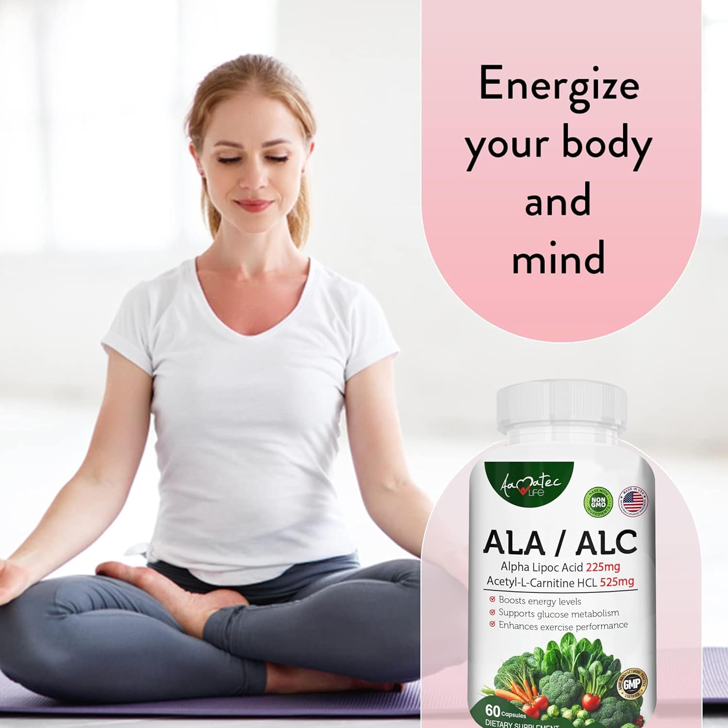 High Potency AAMATEC LIFE ALA/ALC Dietary Supplement - Best Alpha Lipoic Acid and Acetyl-L-Carnitine HCl for Antioxidant Support and Energy Boost - 60 Capsules for Men and Women