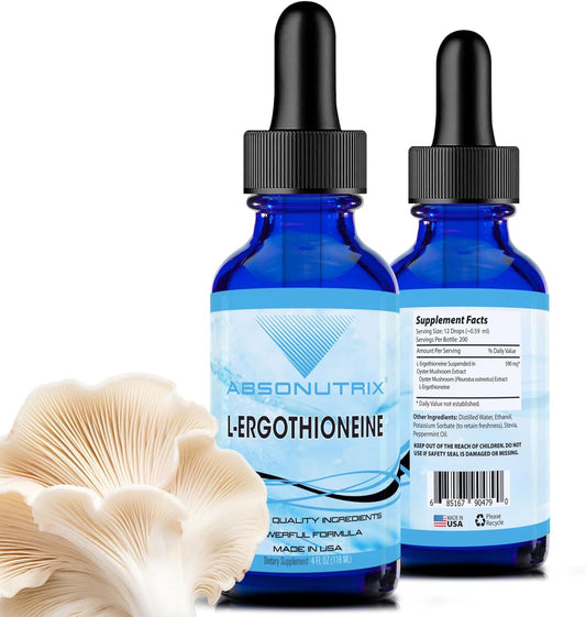 High Potency Absonutrix L-Ergothioneine Liquid Supplement - 590mg, 200 Servings - Made in USA, Quick Absorption - Non-GMO, GMP Certified, Cruelty-Free