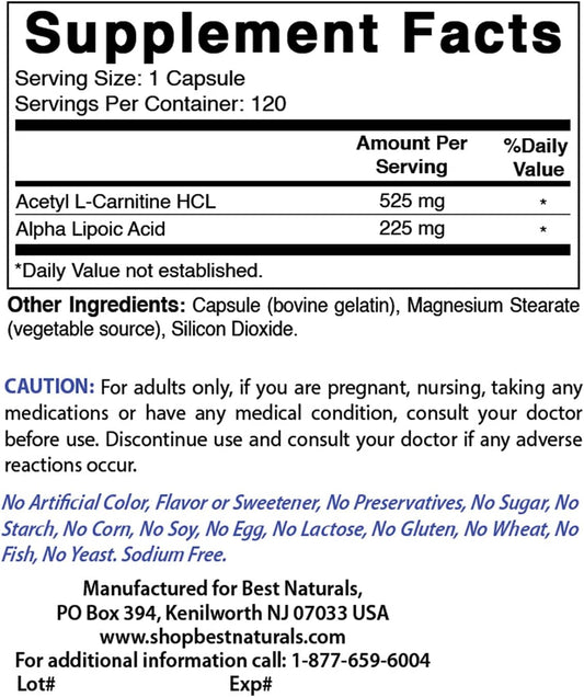 High Potency Acetyl L-Carnitine & Alpha Lipoic Acid with B-100 Complex - 750 mg - Top Natural Supplement