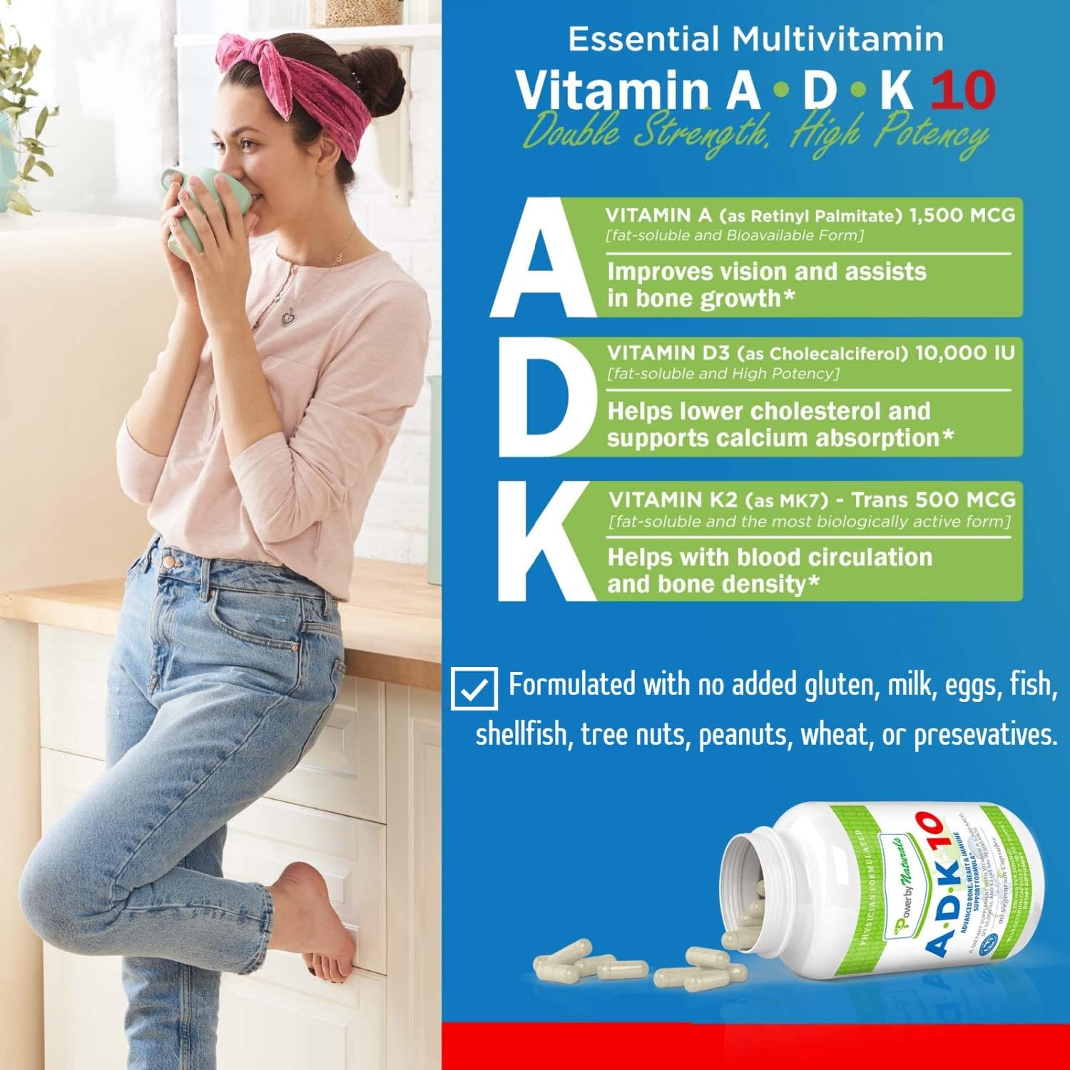 High Potency ADK Vitamin Supplement for Heart, Immune & Bone Health - 90 Capsules x 2 (6-Month Supply) - Natural ADK 10 Formula with Vitamins A, D3 10,000 IU & K2 MK7