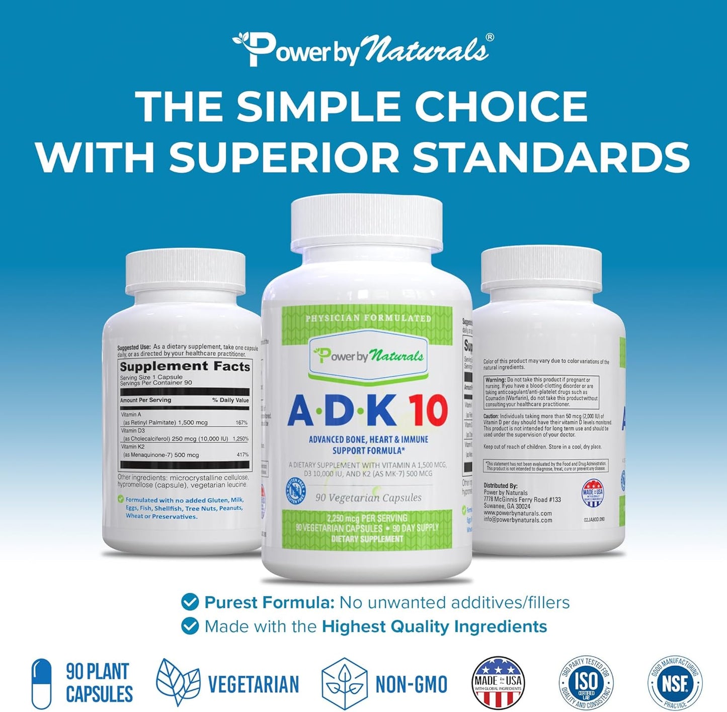 High Potency ADK Vitamin Supplement for Heart, Immune & Bone Health - 90 Capsules x 2 (6-Month Supply) - Natural ADK 10 Formula with Vitamins A, D3 10,000 IU & K2 MK7