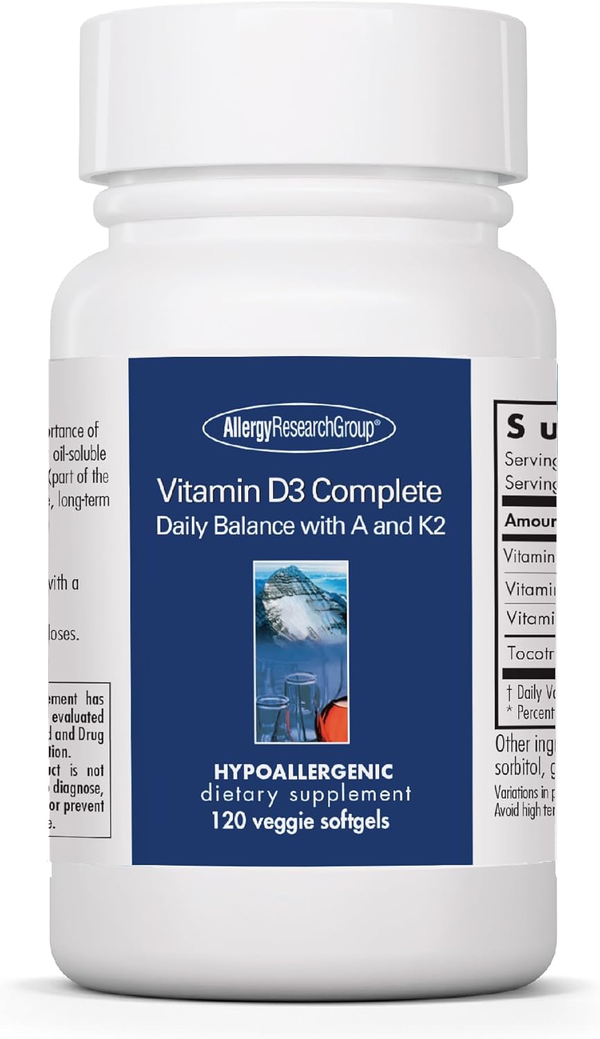High Potency Allergy Research Group Vitamin D3 Complete Supplement with Vitamin K2, A, DeltaGold Tocotrienols - 120 Veggie Softgels