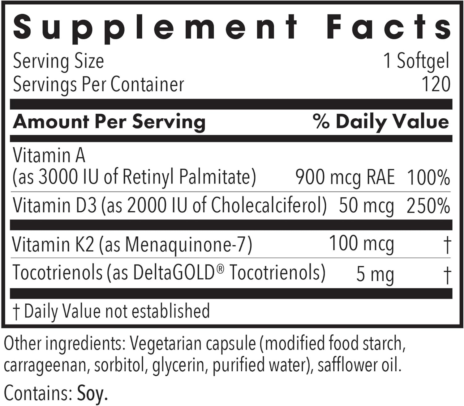 High Potency Allergy Research Group Vitamin D3 Complete Supplement with Vitamin K2, A, DeltaGold Tocotrienols - 120 Veggie Softgels