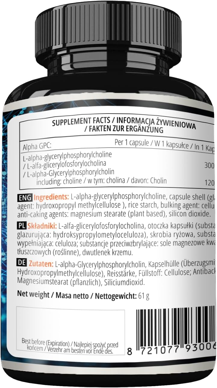 High Potency Alpha-GPC 600mg - 90 Vegan Choline Capsules - Memory and Concentration Supplement - 99% Choline Alfoscerate - Cognitive Support