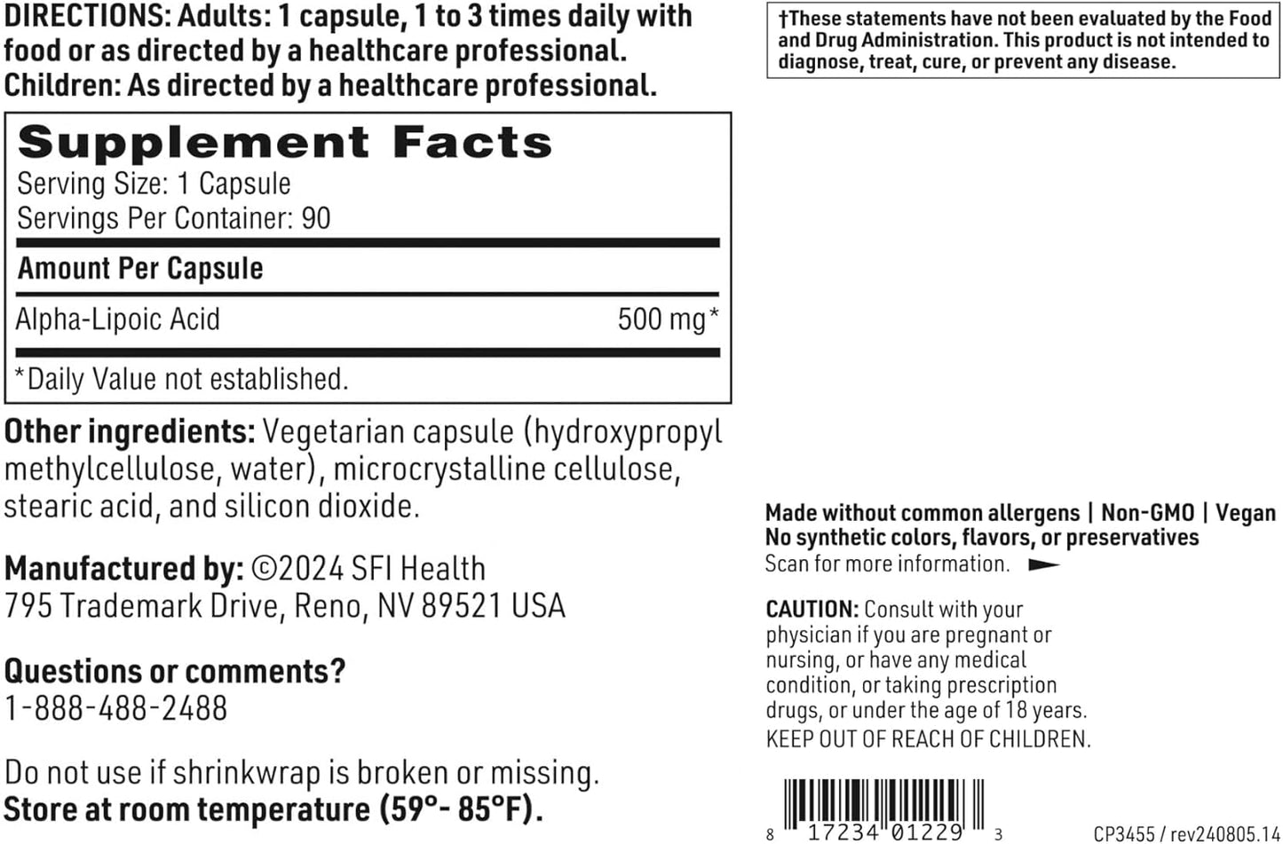 High Potency Alpha-Lipoic Acid 500mg Capsules - Antioxidant & Detox Support - Cardiovascular & Liver Health - 90 Count, Soy & Yeast Free