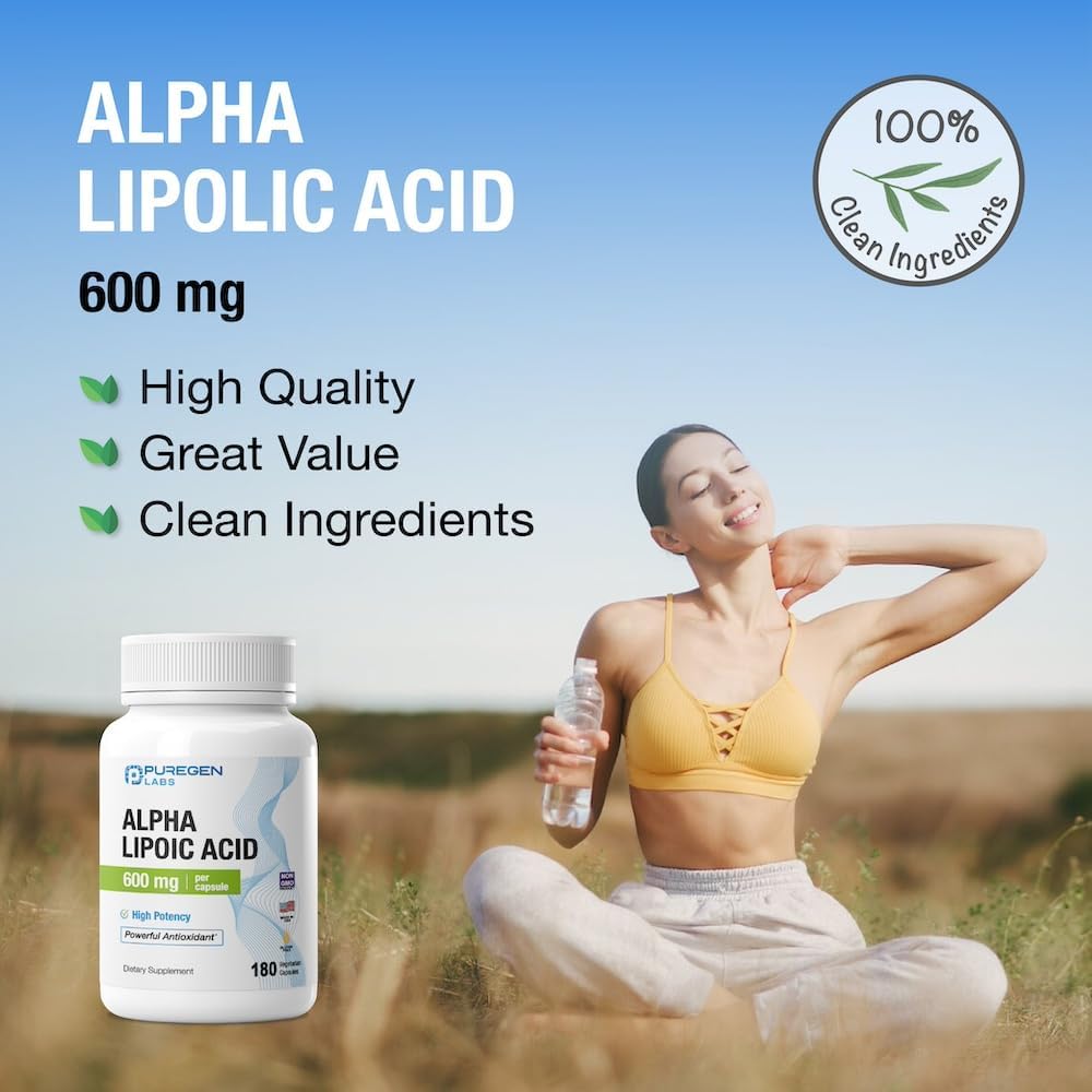 High Potency Alpha Lipoic Acid 600mg - 180 Veggie Caps | Antioxidant Support | Non-GMO, Gluten-Free, Dairy-Free - Made in USA by Puregen Labs