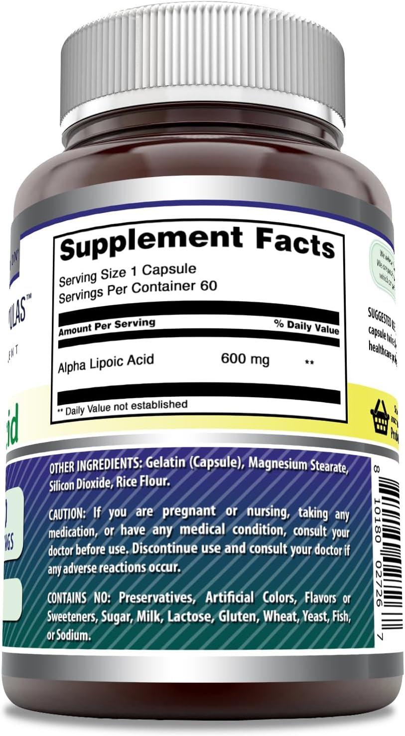 High Potency Alpha Lipoic Acid 600mg Capsules | Non-GMO, Gluten Free Supplement | Made in USA | 60 Count