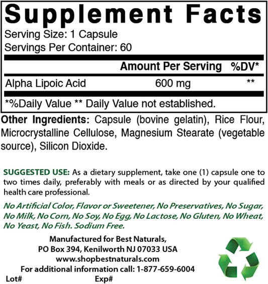 High Potency Alpha Lipoic Acid & Acetyl L-Carnitine Supplement - 600mg & 1000mg Capsules for Enhanced Health