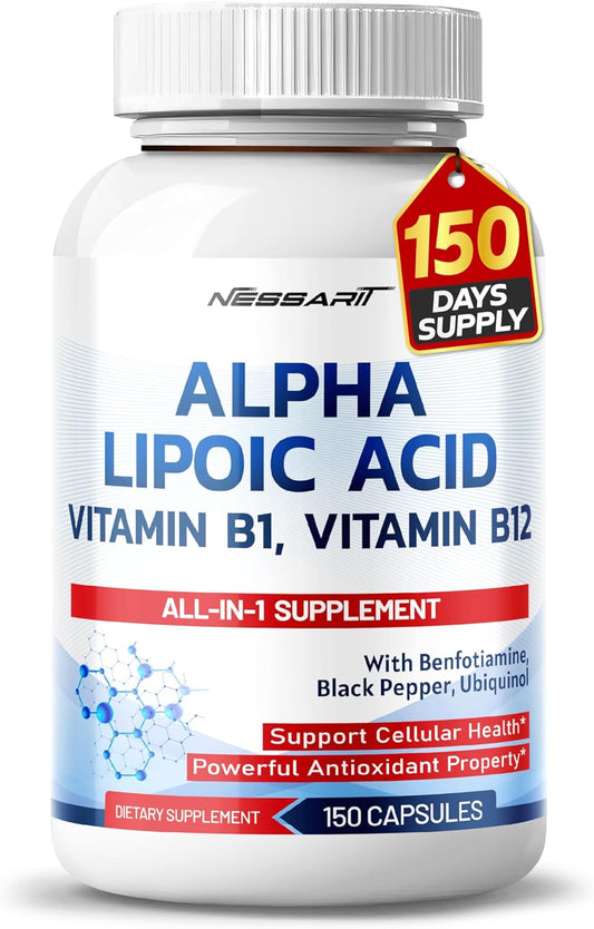High Potency Alpha Lipoic Acid Supplement with Vitamin B1, B12, Benfotiamine, Ubiquinol, Black Pepper - 150 Count - USA Made & Tested - Cellular Health Support