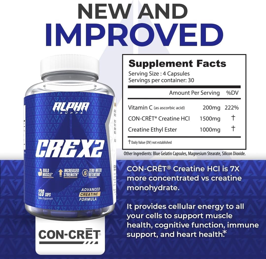 High-Potency Alpha Supps Cre X2 Creatine Formula with CON-CRĒT® Creatine Hcl & CEE Ethyl Ester Blend - 120 Capsules for Performance & Muscle Building