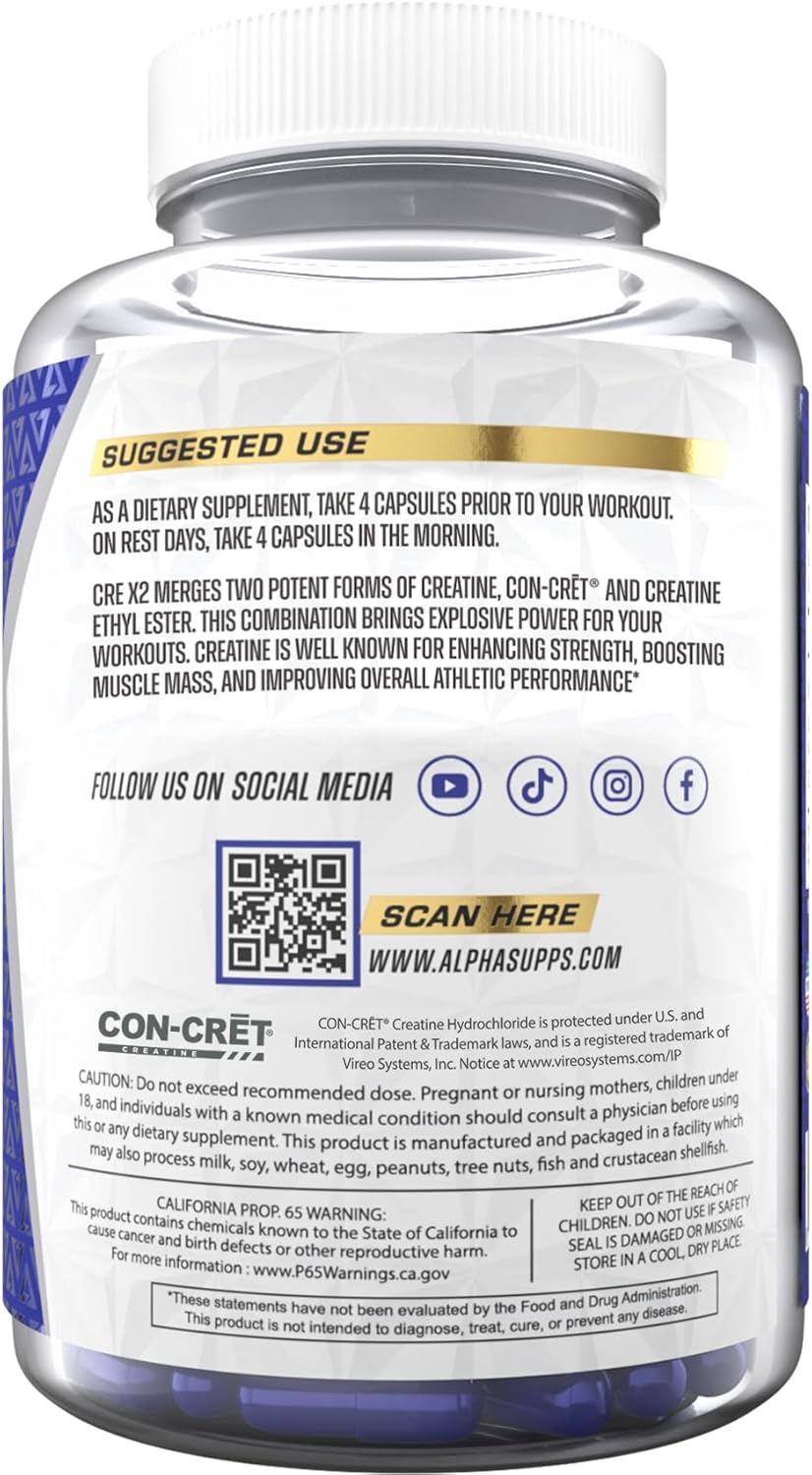 High-Potency Alpha Supps Cre X2 Creatine Formula with CON-CRĒT® Creatine Hcl & CEE Ethyl Ester Blend - 120 Capsules for Performance & Muscle Building