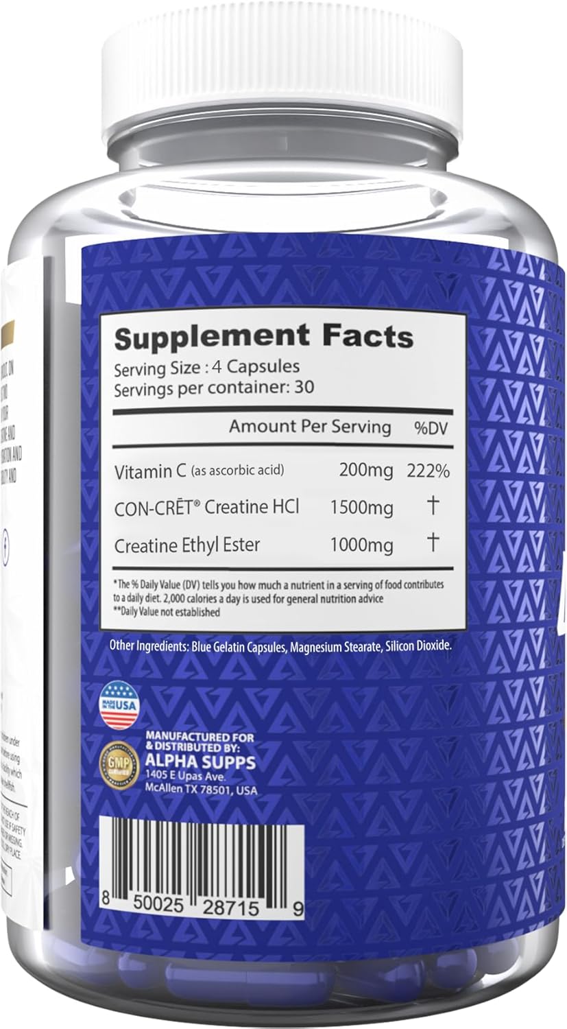 High-Potency Alpha Supps Cre X2 Creatine Formula with CON-CRĒT® Creatine Hcl & CEE Ethyl Ester Blend - 120 Capsules for Performance & Muscle Building