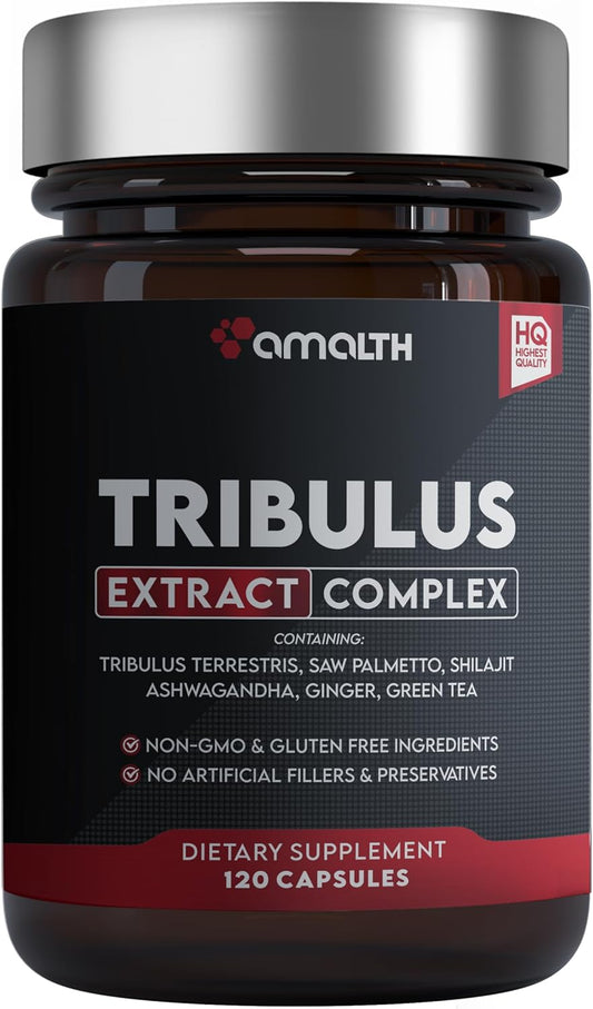 High Potency AMALTH Tribulus Terrestris with Ashwagandha, Saw Palmetto, Ginseng, Shilajit & Maca - 90 Capsules