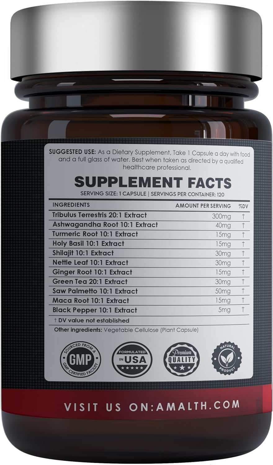 High Potency AMALTH Tribulus Terrestris with Ashwagandha, Saw Palmetto, Ginseng, Shilajit & Maca - 90 Capsules