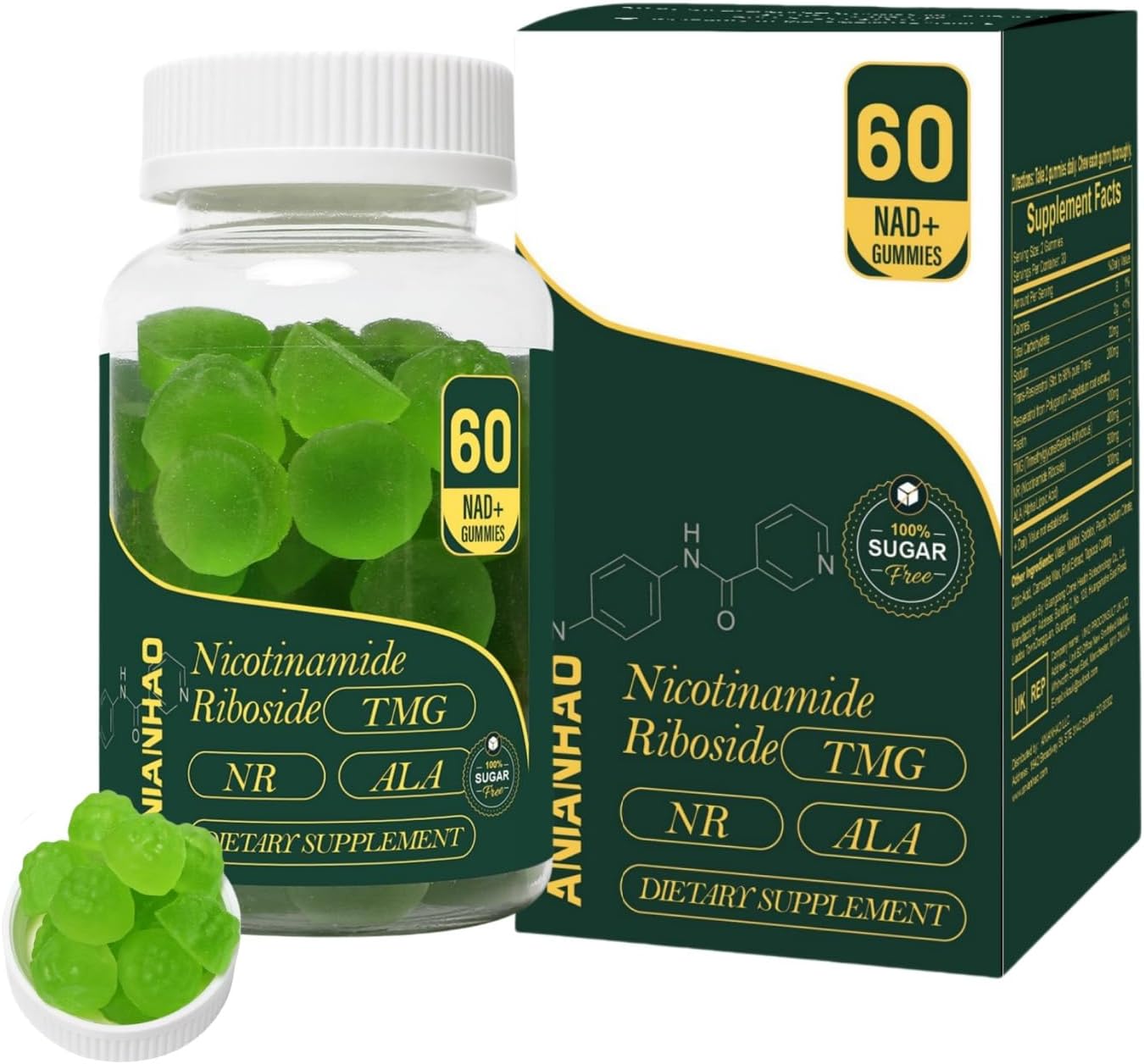 High Potency ANIANHAO NAD+ & Resveratrol Gummies - Sugar Free, 1500mg (60 Gummies)