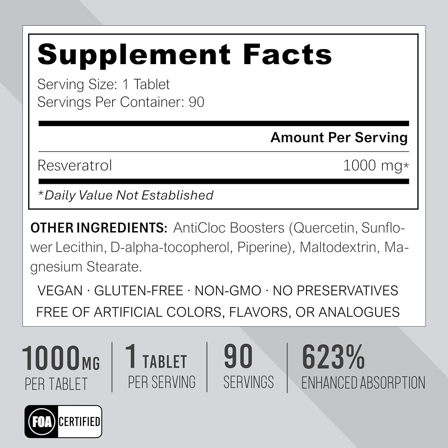 High Potency AntiCloc Premium Resveratrol Tablets - 90 Day Supply | 1000MG | 98% Purity | Enhanced Absorption | Supports SIRT1 and AMPK | Promotes Autophagy | Anti-Aging Formula