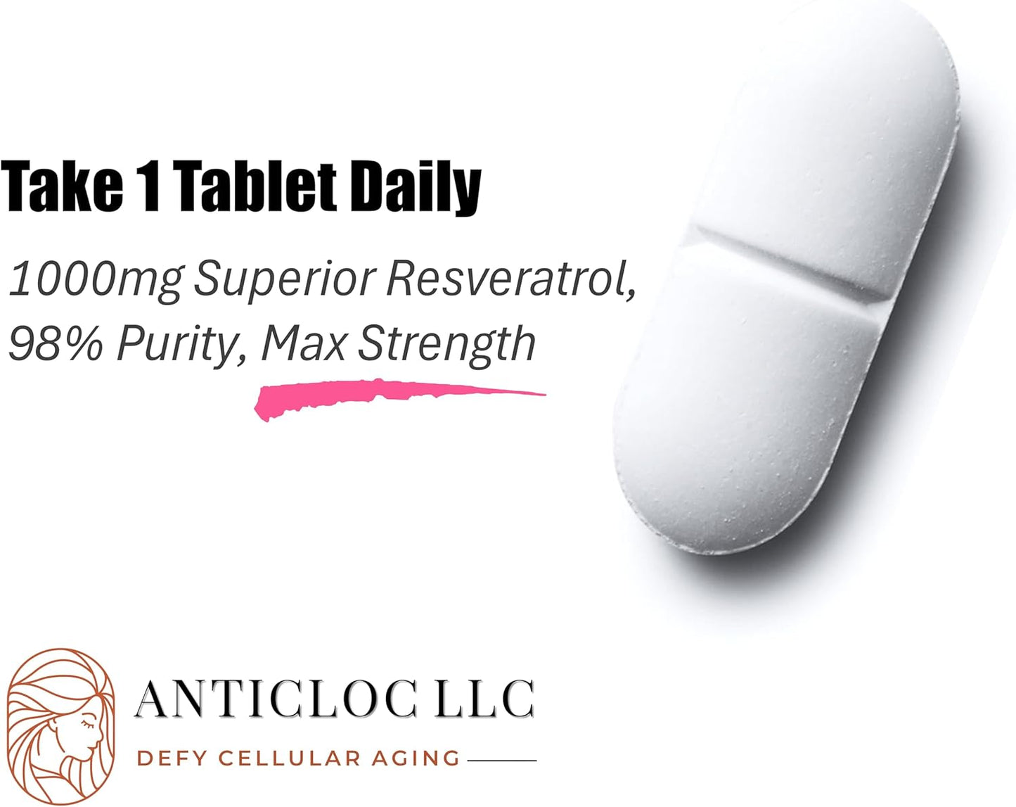 High Potency AntiCloc Premium Resveratrol Tablets - 90 Day Supply | 1000MG | 98% Purity | Enhanced Absorption | Supports SIRT1 and AMPK | Promotes Autophagy | Anti-Aging Formula
