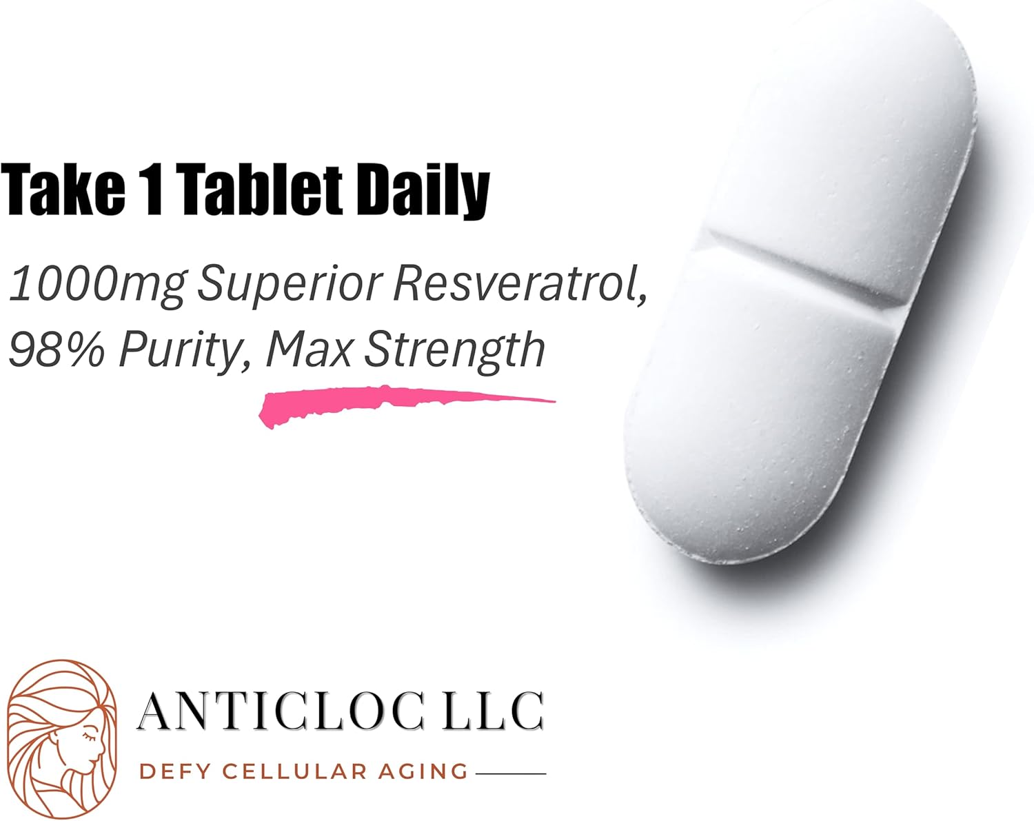 High Potency AntiCloc Premium Resveratrol Tablets - 90 Day Supply | 1000MG | 98% Purity | Enhanced Absorption | Supports SIRT1 and AMPK | Promotes Autophagy | Anti-Aging Formula