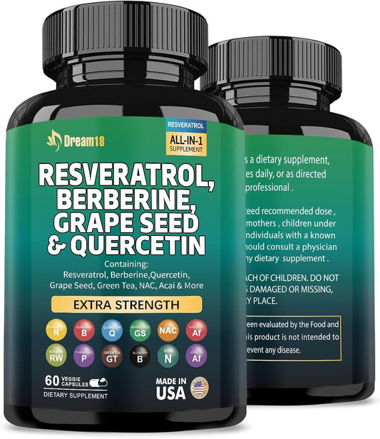 High Potency Antioxidant Supplement with Resveratrol, Berberine, Grape Seed Extract, Quercetin, Green Tea Extract, and Acai for Women and Men - 60 Capsules, Made in USA