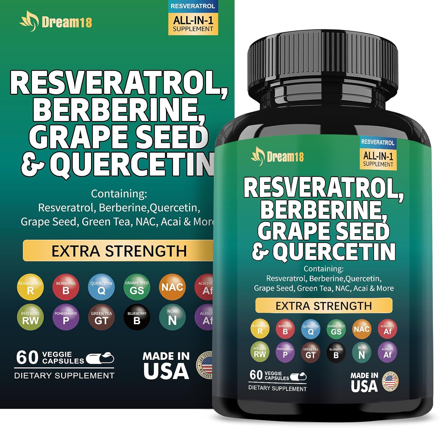 High Potency Antioxidant Supplement with Resveratrol, Berberine, Grape Seed Extract, Quercetin, Green Tea Extract, and Acai for Women and Men - 60 Capsules, Made in USA
