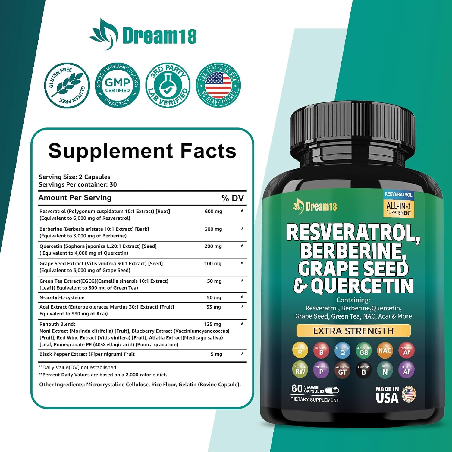 High Potency Antioxidant Supplement with Resveratrol, Berberine, Grape Seed Extract, Quercetin, Green Tea Extract, and Acai for Women and Men - 60 Capsules, Made in USA