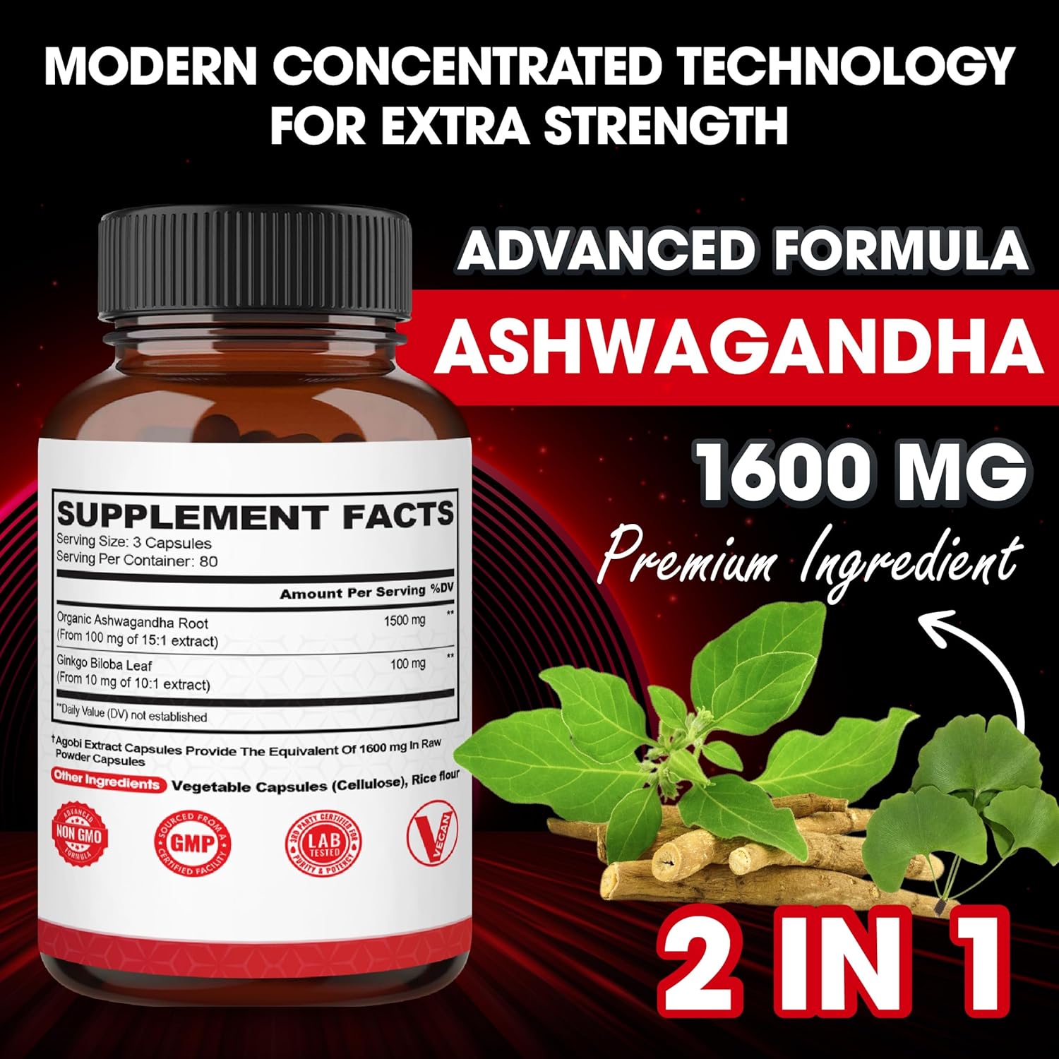 High Potency Ashwagandha and Ginkgo Biloba Supplement for Immune Support, Energy, Memory, and Focus - 240 Vegetarian Capsules