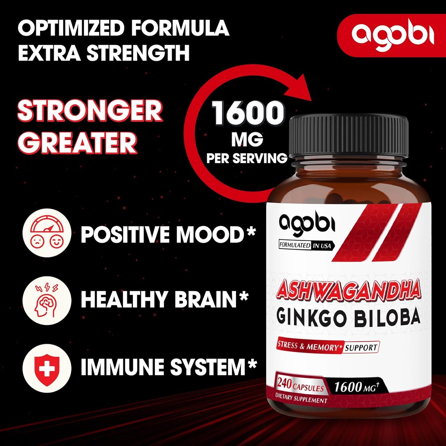 High Potency Ashwagandha and Ginkgo Biloba Supplement for Immune Support, Energy, Memory, and Focus - 240 Vegetarian Capsules