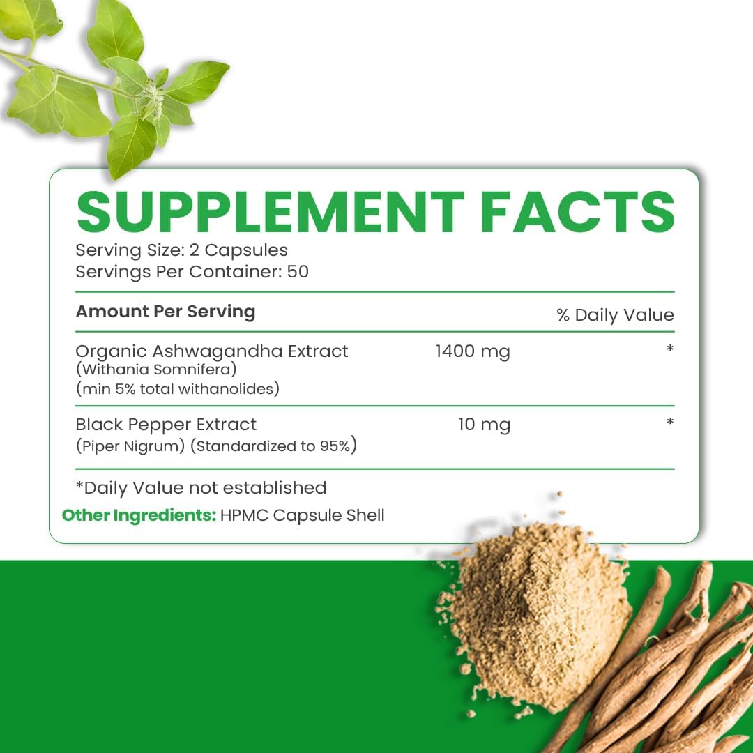 High-Potency Ashwagandha Capsules with Black Pepper Extract - 1400mg (100 Count) | Vegan, Third-Party Tested & Filler-Free