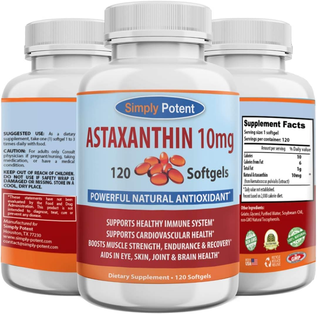 High Potency Astaxanthin Softgels 10mg - 120 Capsules - Natural Antioxidant Supplement for Joint, Heart, Brain, Skin, Eyes, & Fatigue Relief