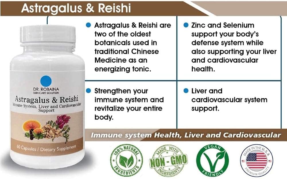 High-Potency Astragalus & Reishi Capsules for Immune, Liver, and Cardiovascular Support - Vegan, Non-GMO - 60 Capsules