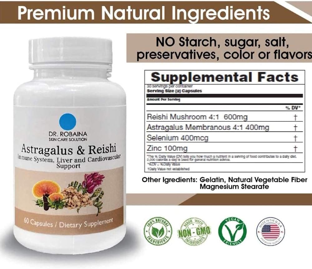 High-Potency Astragalus & Reishi Capsules for Immune, Liver, and Cardiovascular Support - Vegan, Non-GMO - 60 Capsules