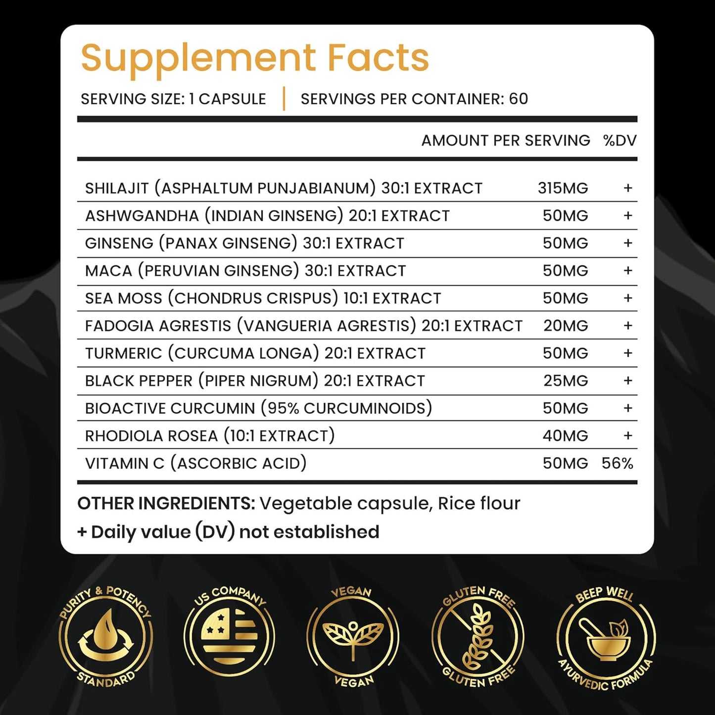 High-Potency BeepWell Shilajit Capsules with Adaptogens, Ginseng, Maca - Natural Energy & Wellness Supplement, 2-Month Supply