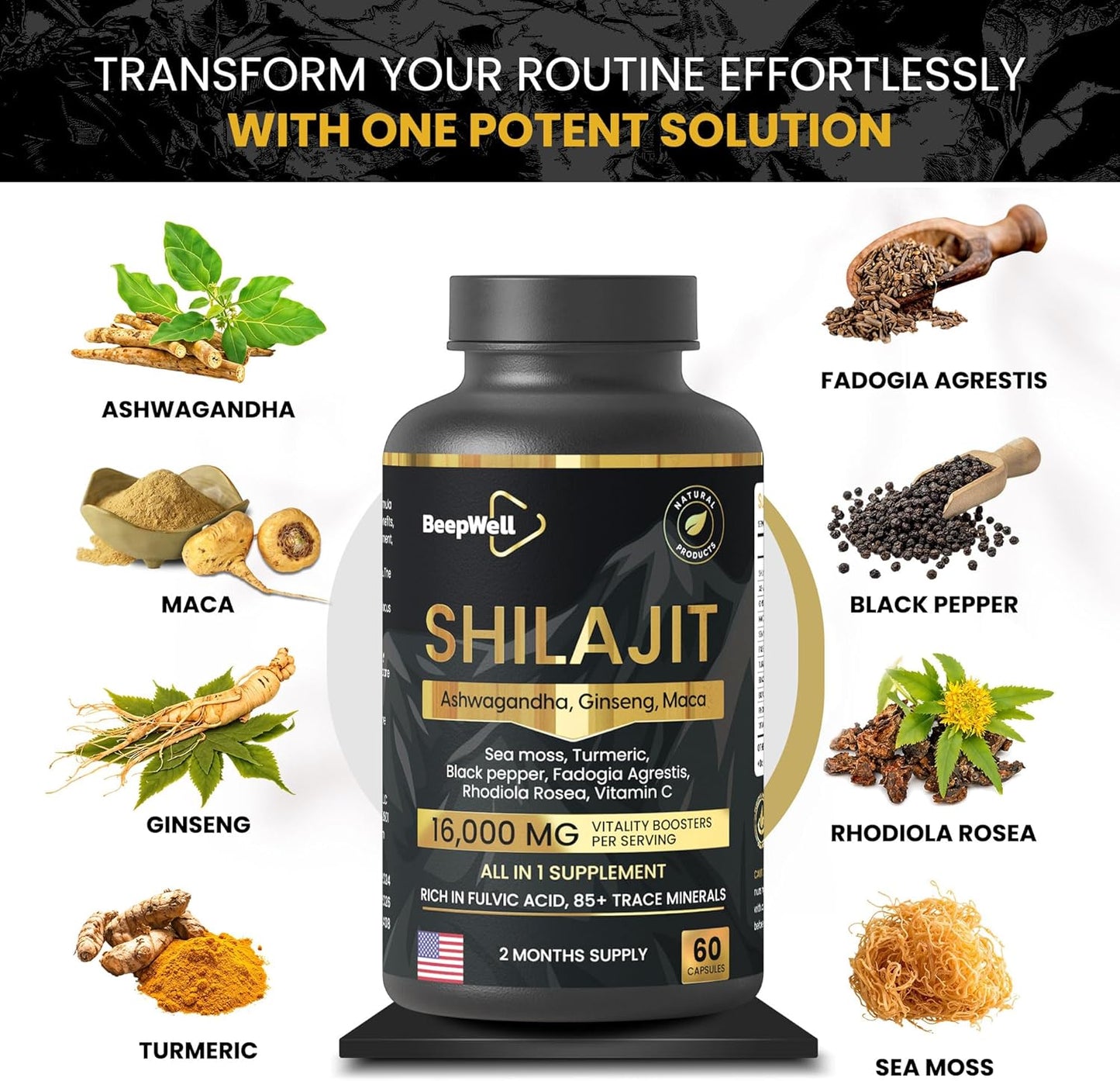 High-Potency BeepWell Shilajit Capsules with Adaptogens, Ginseng, Maca - Natural Energy & Wellness Supplement, 2-Month Supply