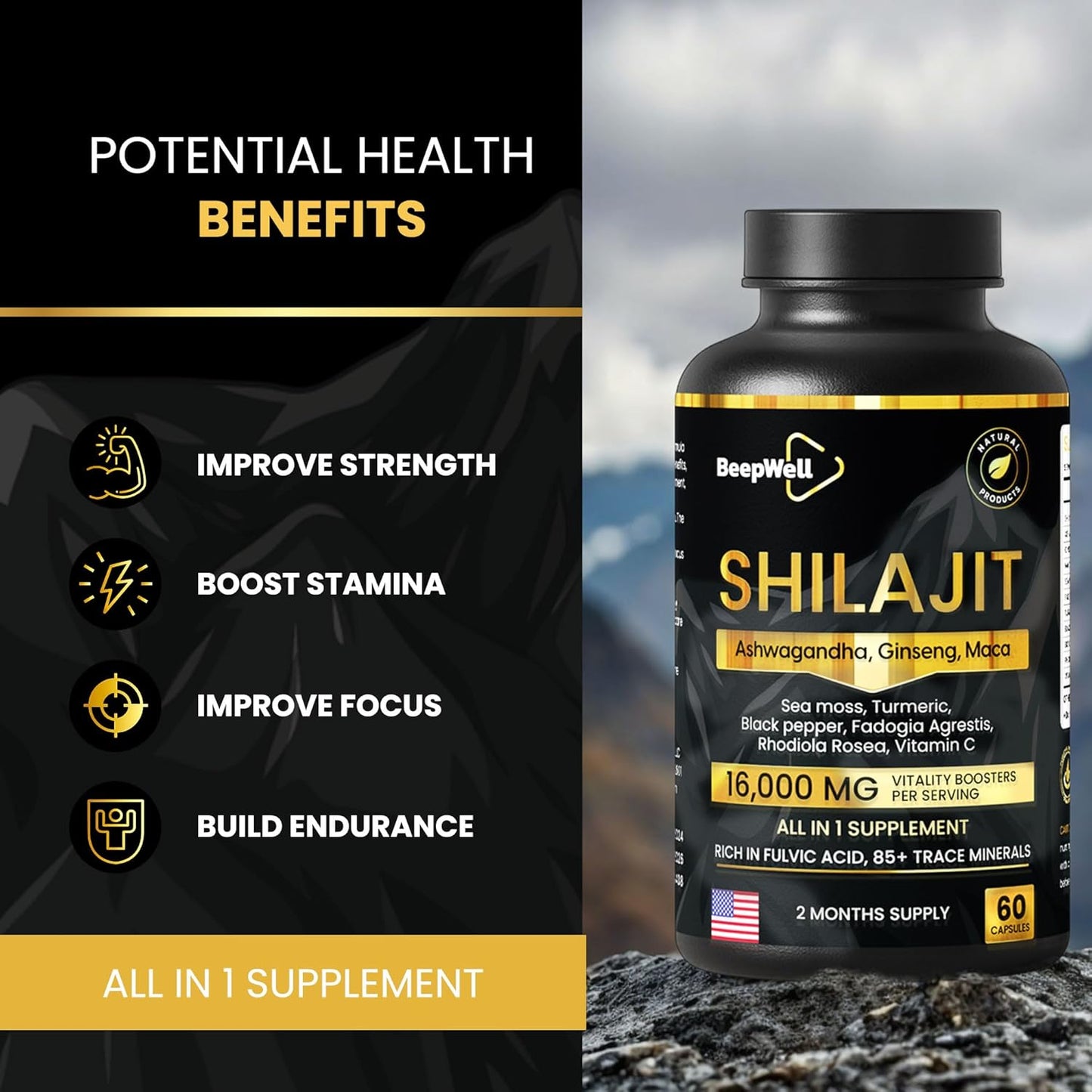 High-Potency BeepWell Shilajit Capsules with Adaptogens, Ginseng, Maca - Natural Energy & Wellness Supplement, 2-Month Supply