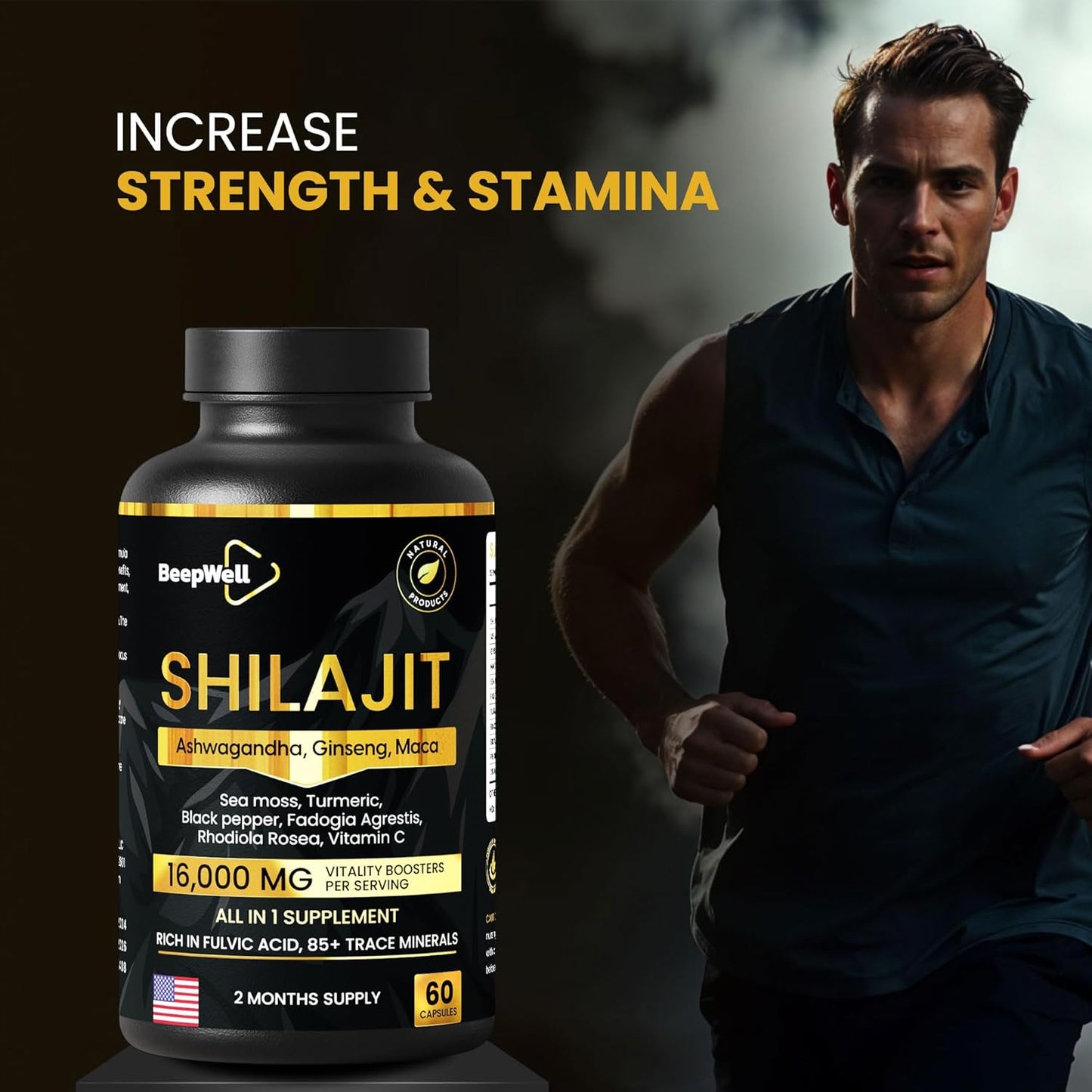 High-Potency BeepWell Shilajit Capsules with Adaptogens, Ginseng, Maca - Natural Energy & Wellness Supplement, 2-Month Supply
