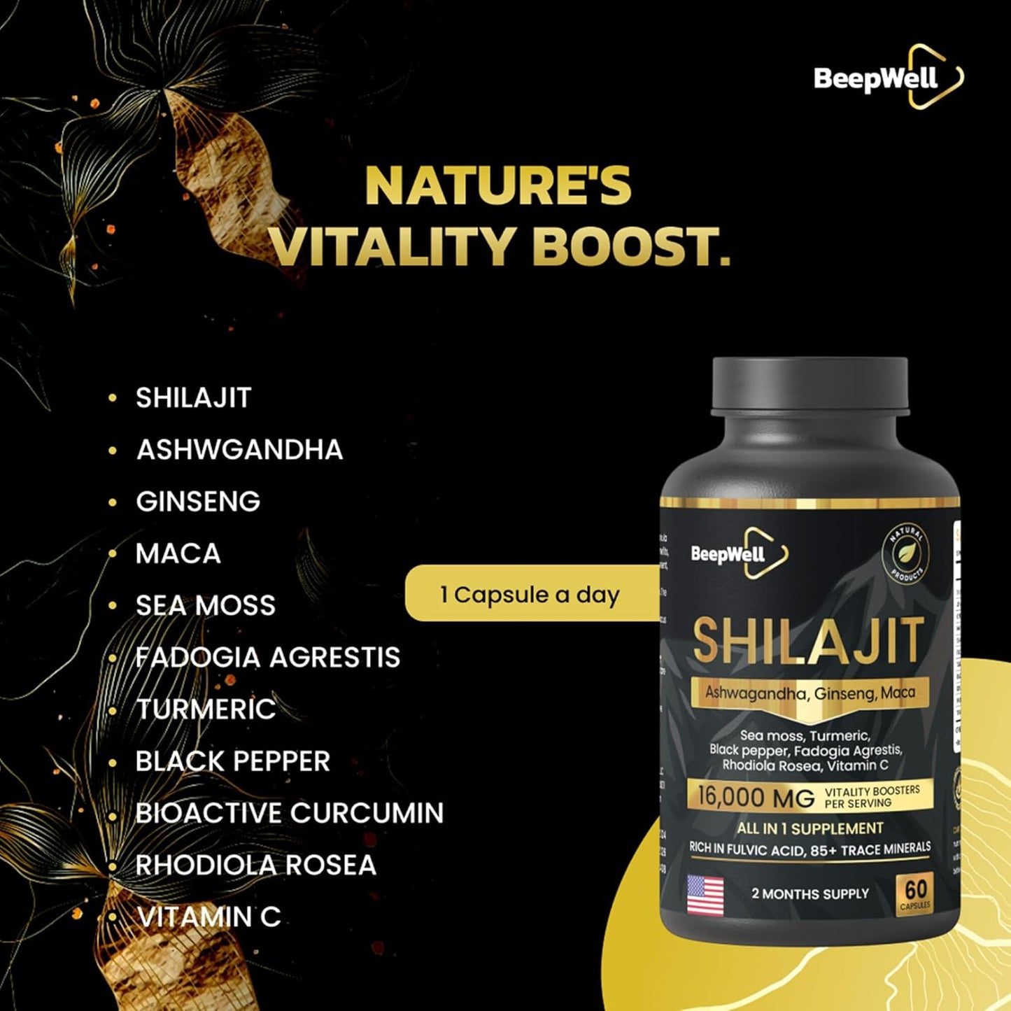 High-Potency BeepWell Shilajit Capsules with Adaptogens, Ginseng, Maca - Natural Energy & Wellness Supplement, 2-Month Supply
