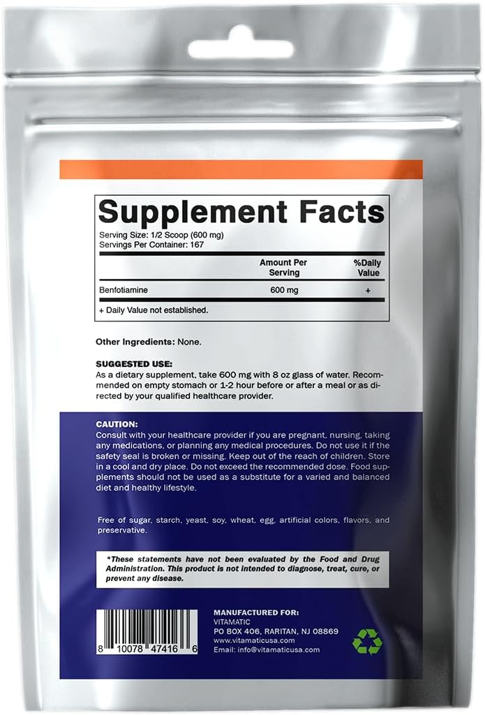 High Potency Benfotiamine Powder - 600 mg per Serving - 100g - Fat-Soluble Vitamin B1 Supplement