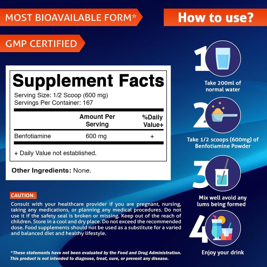 High Potency Benfotiamine Powder - 600 mg per Serving - 100g - Fat-Soluble Vitamin B1 Supplement