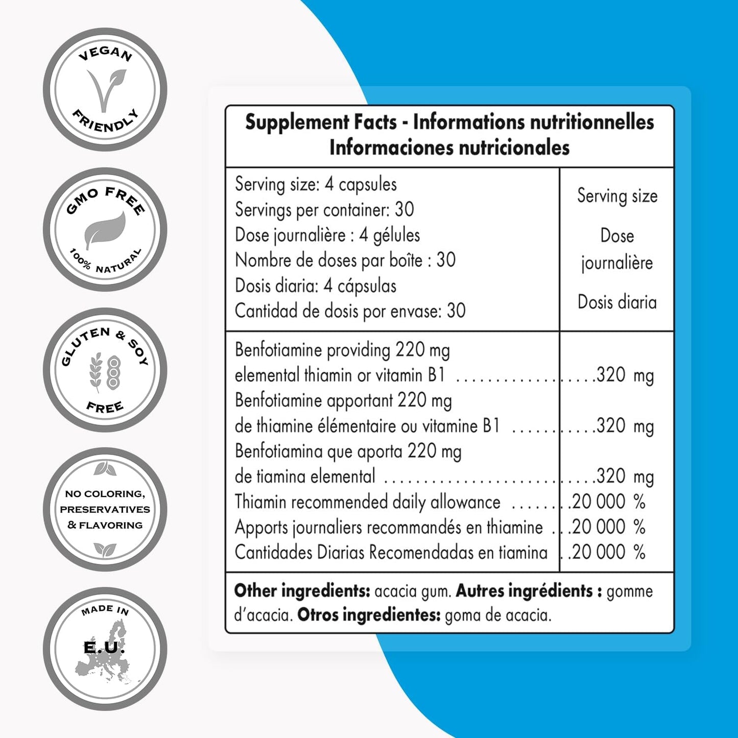 High Potency Benfotiamine Supplement 320mg Per Day - Bioavailable Vitamin B1 - Non-GMO & Gluten Free - 120 Vegetarian Capsules