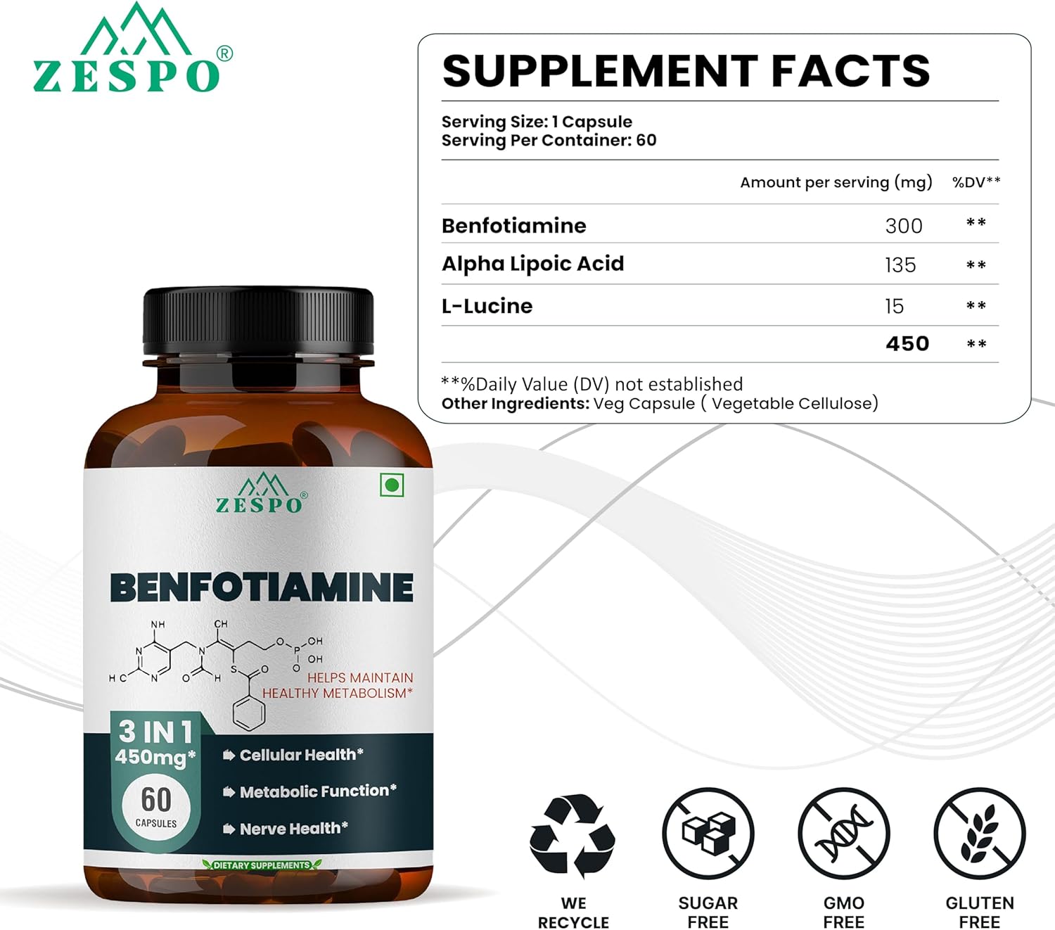 High Potency Benfotiamine Supplement Capsules 60 Count - Supports Cellular Function, Bioavailable Vitamin B1, Vegan & Non-GMO, Gluten Free - Unisex Adults