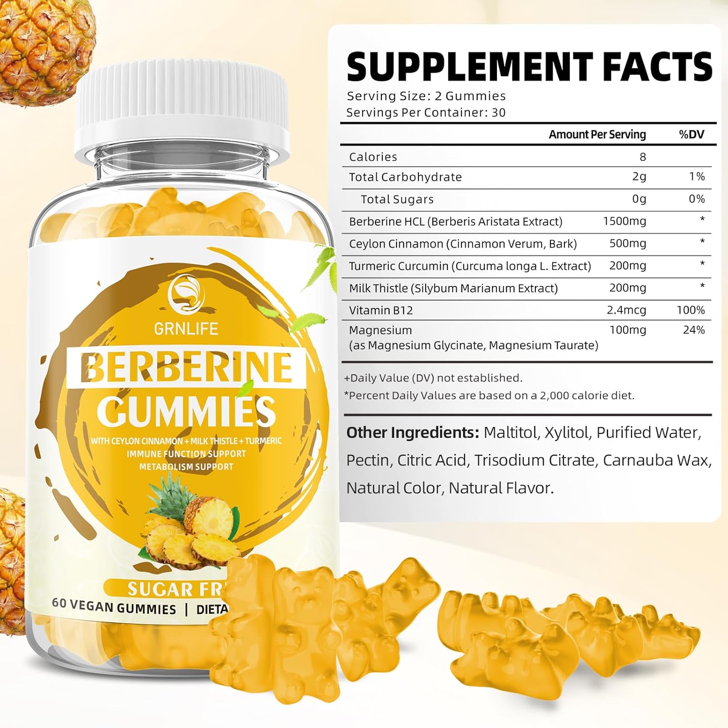 High Potency Berberine Gummies with Ceylon Cinnamon for Immune & Metabolism Support - 120 Count