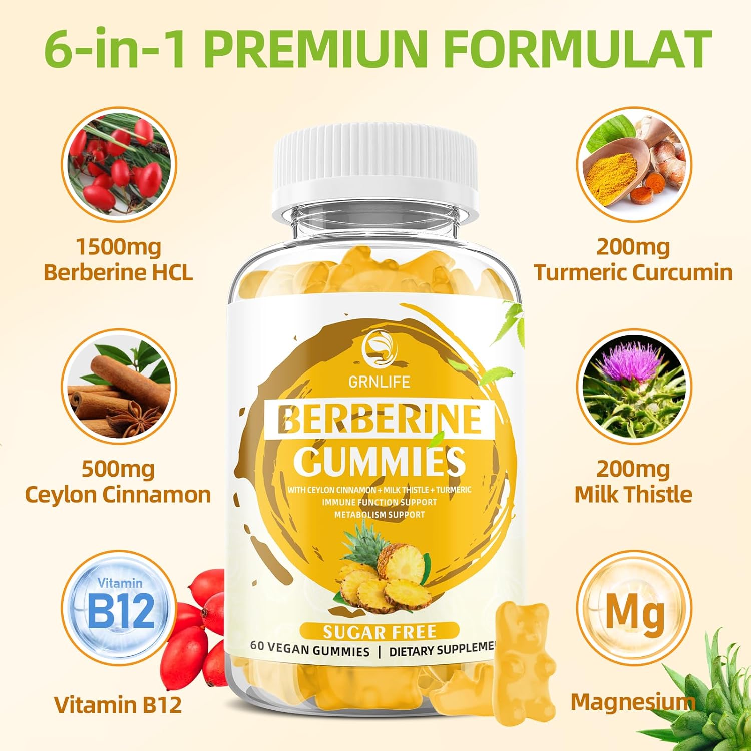 High Potency Berberine Gummies with Ceylon Cinnamon for Immune & Metabolism Support - 120 Count
