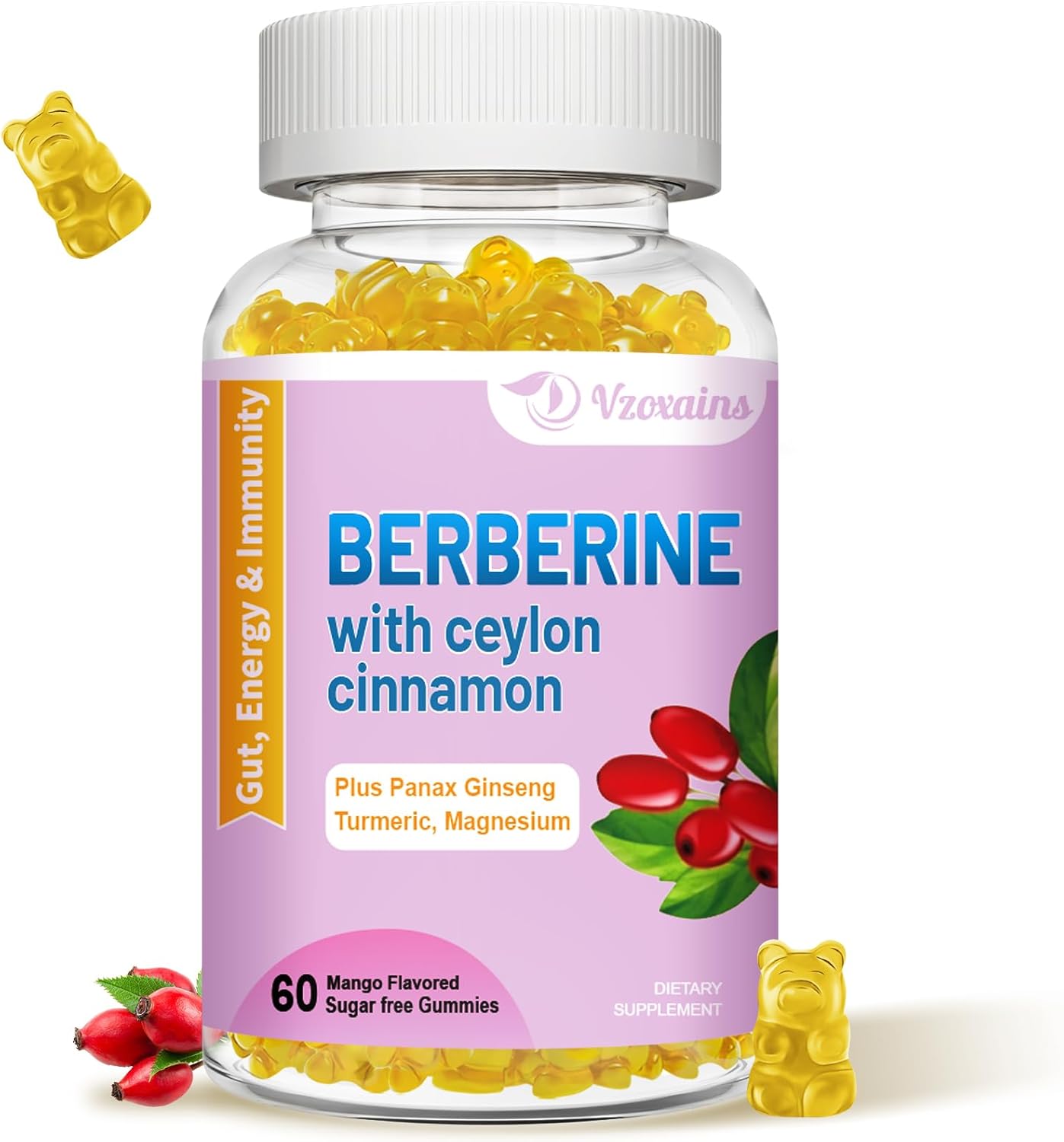 High Potency Berberine HCI Gummies with Ceylon Cinnamon for Immune Health Support - 60 Mango Flavored Gummies