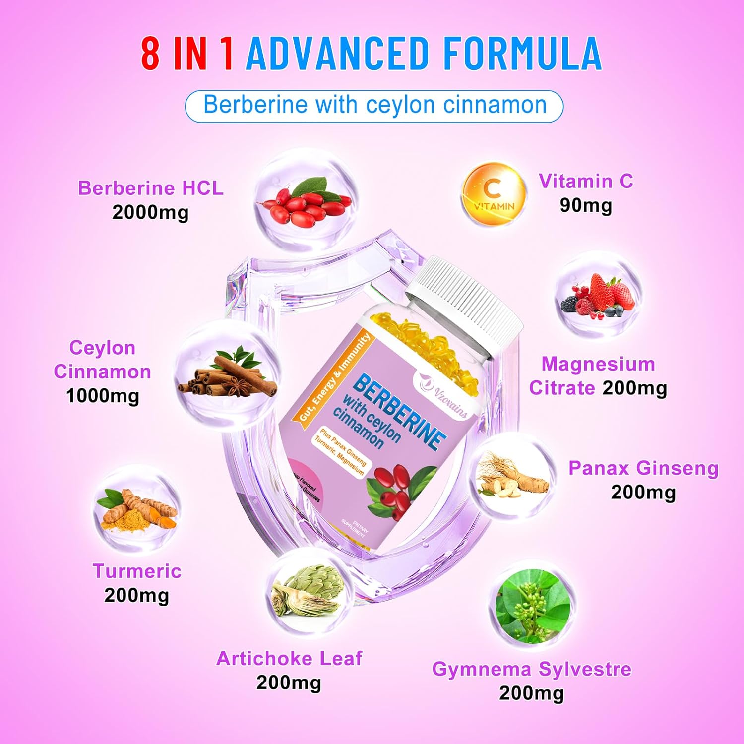 High Potency Berberine HCI Gummies with Ceylon Cinnamon for Immune Health Support - 60 Mango Flavored Gummies