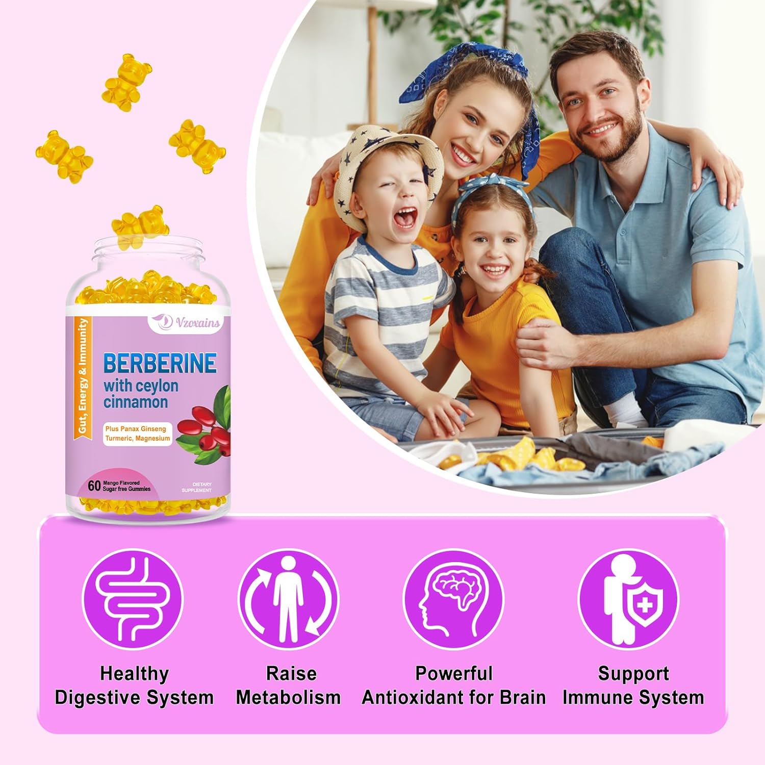 High Potency Berberine HCI Gummies with Ceylon Cinnamon for Immune Health Support - 60 Mango Flavored Gummies