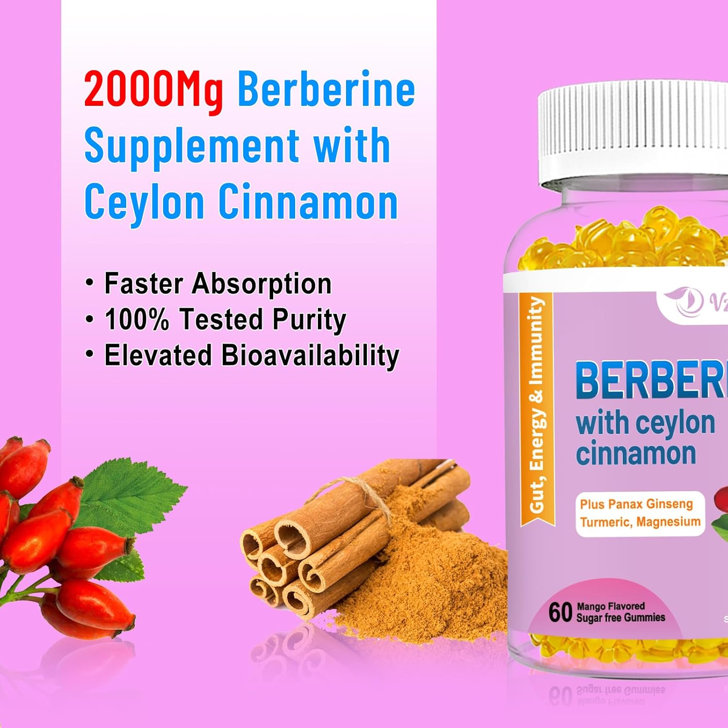 High Potency Berberine HCI Gummies with Ceylon Cinnamon for Immune Health Support - 60 Mango Flavored Gummies