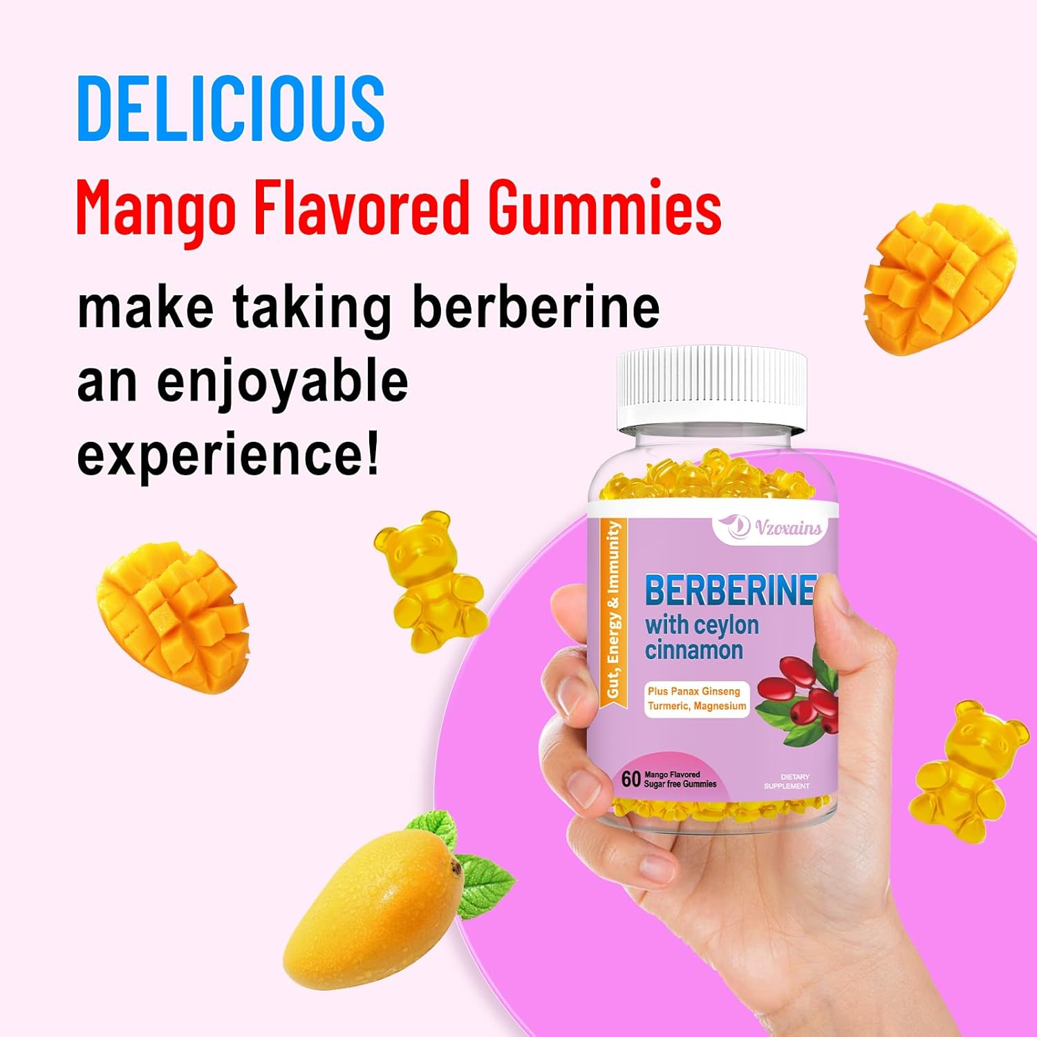 High Potency Berberine HCI Gummies with Ceylon Cinnamon for Immune Health Support - 60 Mango Flavored Gummies