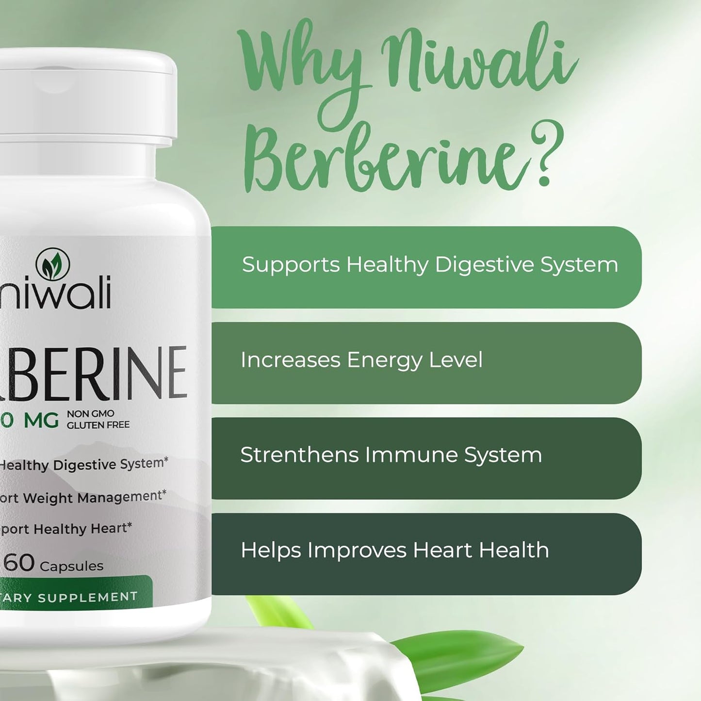 High Potency Berberine HCI Root Supplement - 1200mg Per Serving - Heart & Immune Support - Non-GMO & Gluten-Free - 60 Capsules