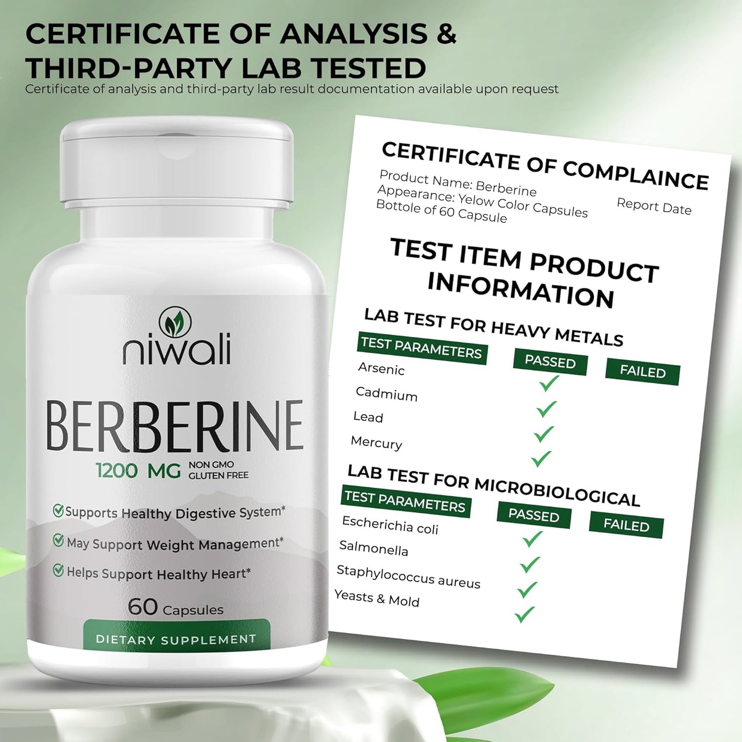 High Potency Berberine HCI Root Supplement - 1200mg Per Serving - Heart & Immune Support - Non-GMO & Gluten-Free - 60 Capsules